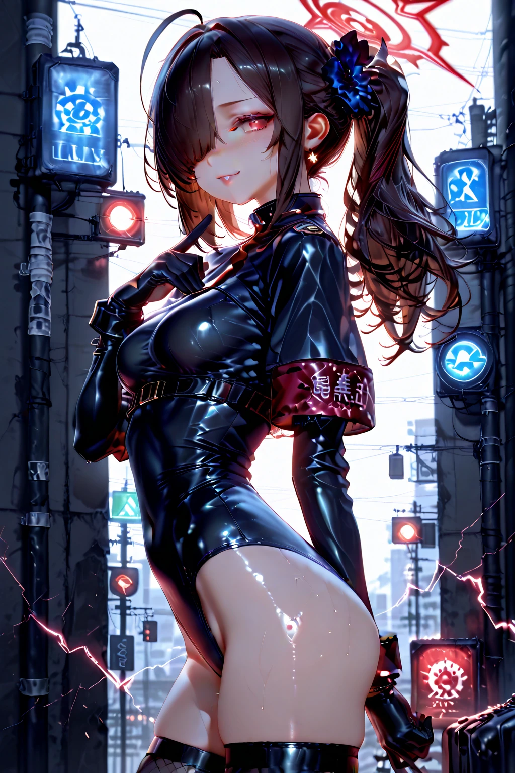 nsfw、(masterpiece, Highest quality, Super detailed:1.3), Perfect composition, 4K, (Very detailed, Super detailed),(Rainy cyberpunk night city:1.5), (White see-through latex swimsuit)、White sheer long latex gloves、See-through latex long tie,(The skin is slightly visible)、 High resolution, 8k Texture, Attention to detail, Highly detailed skin texture, Magnificent details, High Sharpness, One girl, (Fine grain:1.3), (25-year-old woman:1.3),(A smile that lowers the corners of the eyeouth showing teeth、
