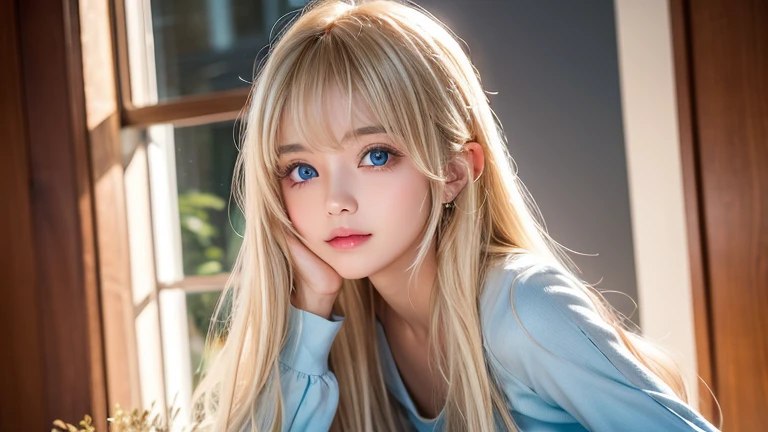 perfect beautiful face、20 year old beautiful cute girl、Sexy and very beautiful cute face、Beautiful cute sexy bright sky blue big eyes、very big bright eyes、very super long beautiful shiny silky straight pearl blonde hair、Super long beautiful bangs、white skin、Shiny skin、gross face、cheek gloss、hair above eyes、片hair above eyes、hair between eyes、