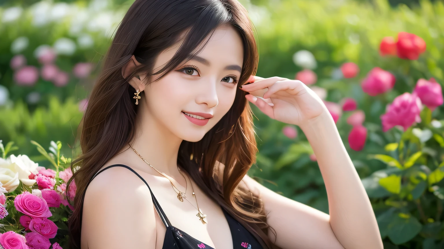 ((highest quality, 8k, masterpiece :1.3)), One Girl, close, ((A very affectionate smile:1.2)),Red lipstick,Dark lipstick,Beautiful woman, Big Breasts:1.3,Early Summer Fashion,Highly detailed face, fine grain, double eyelid, Blur the background, outside, sunny,cherry blossoms, spring, nature,amusement park, (Maximum resolution: 1.4), (Ultra high definition: 1.2), Cinematic Light, (Detailed eyesと肌), (Detailed facial features), 8k resolution, Perfect Style, Beautiful expression、Highly detailed face and skin texture、Detailed eyes、double eyelid、((Pure white skin:1.2)),Glossy Lips:1.2、Detailed lips,Wet lips,((Full Body Shot:1.2)),(Straight Hairstyles、Light brown hair)、One-length long hair、175cm