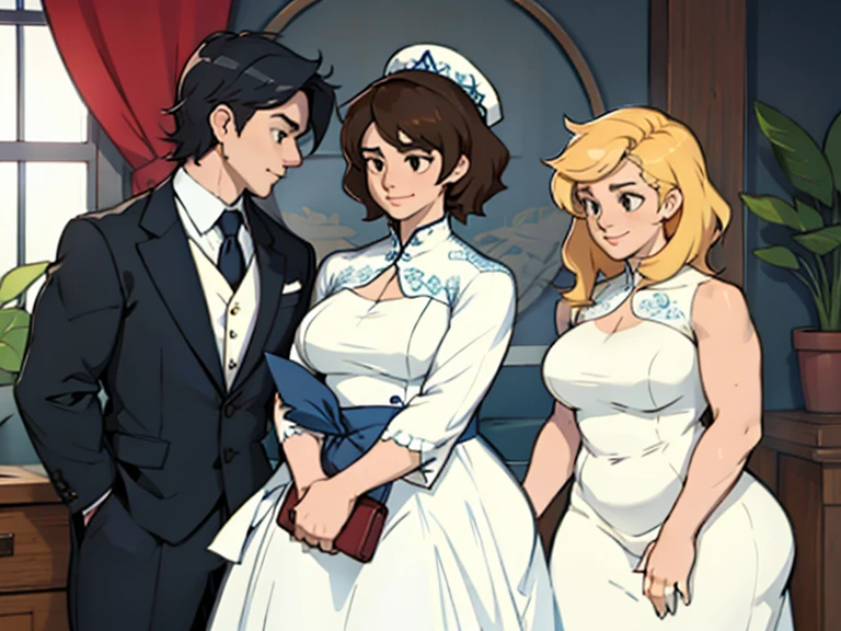 ((highest quality)), ((masterpiece)), (detailed), (Perfect Face)、The woman is Haruhi Suzumiya, with short brown hair and is the wife of a 70-year-old man, flanked by her 8-year-old and 5-year-old daughters.、(The woman is wearing a gorgeous, see-through dress with gorgeous embroidery and flashy fur, a see-through cape, and accessories such as a gorgeous engagement ring and gorgeous jeweled earrings and necklaces. She is standing next to a gorgeously dressed 70-year-old man, and her 5-year-old and 8-year-old daughters are nearby.)、(A woman is wearing a gorgeous engagement ring and snuggling up to a 70-year-old man)、The man is 70 years old and is embracing the woman in the hall of a luxurious mansion.