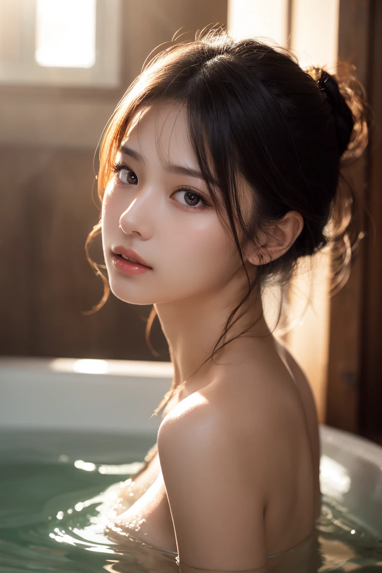Kusatsu Onsen in Japan、Naked beauty、20-year-old、university student、(Shoulder-deep in the bathtub、Only the face is shown)、All hair tied back、Medium build、Small Bust、Small face、Wooden bathtub、, black hair, straight hair, wet hair, tied hair, low-tied long hair, parted lips, ear blush, full blush, skin fang, happy, Surrealism, cinematic lighting, first-person view, pov, wide shot, f/1.2, Nikon, UHD, best quality, highres, 8k, textured skin, anatomically correct