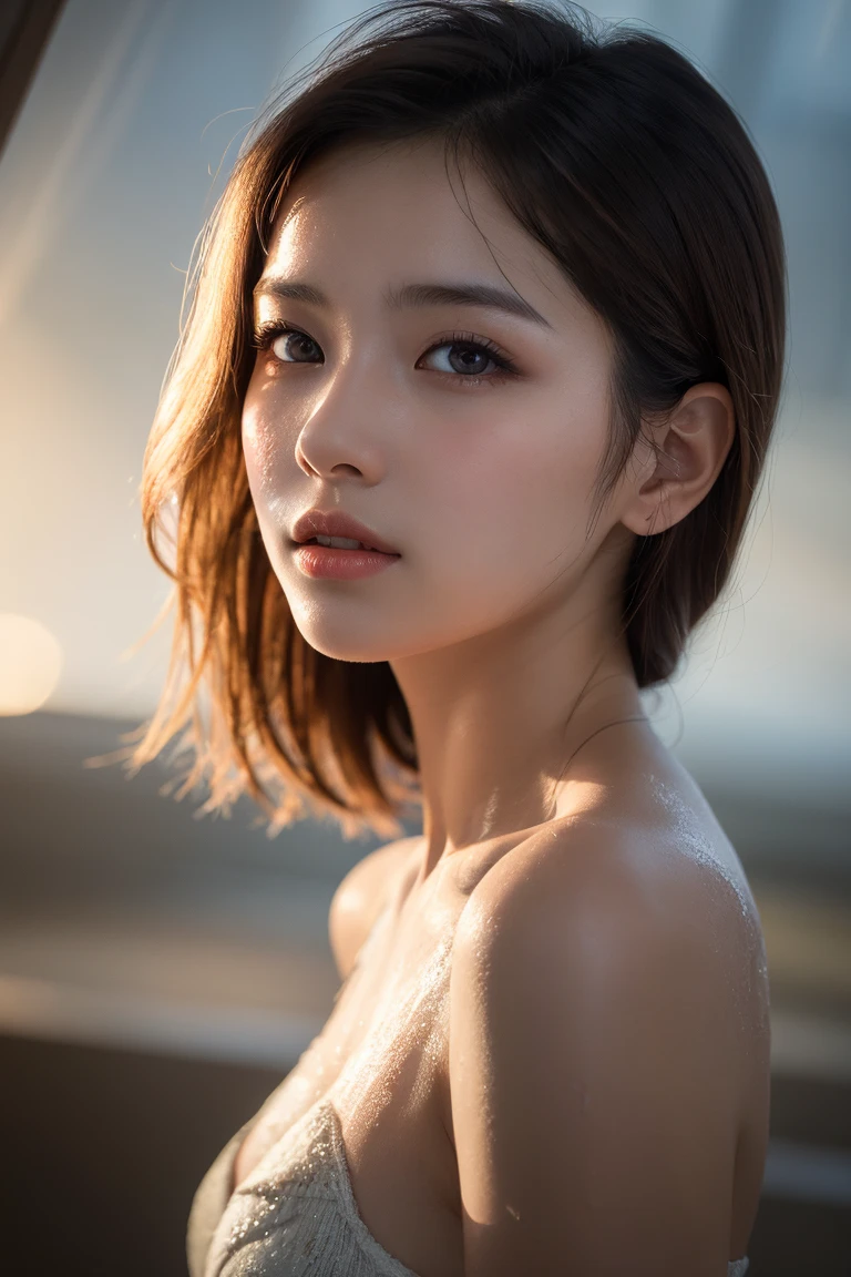Hair blowing in the wind、Wet Skin、Wet Hair、Wet clothes、Sea at dusk,A woman with a cute face like a Japanese idol, Age 35, (Cleavage), (Cinema Lighting),(Natural light),(High level of artistry),(artistic),(Indistinguishable quality from the real thing),{{RAW Photos}},{{Genuine}},High resolution,masterpiece, beautiful, Handsome Tomboy, Looks like a salon model, ((Cool face)), Neutral facial features, nsfw,
