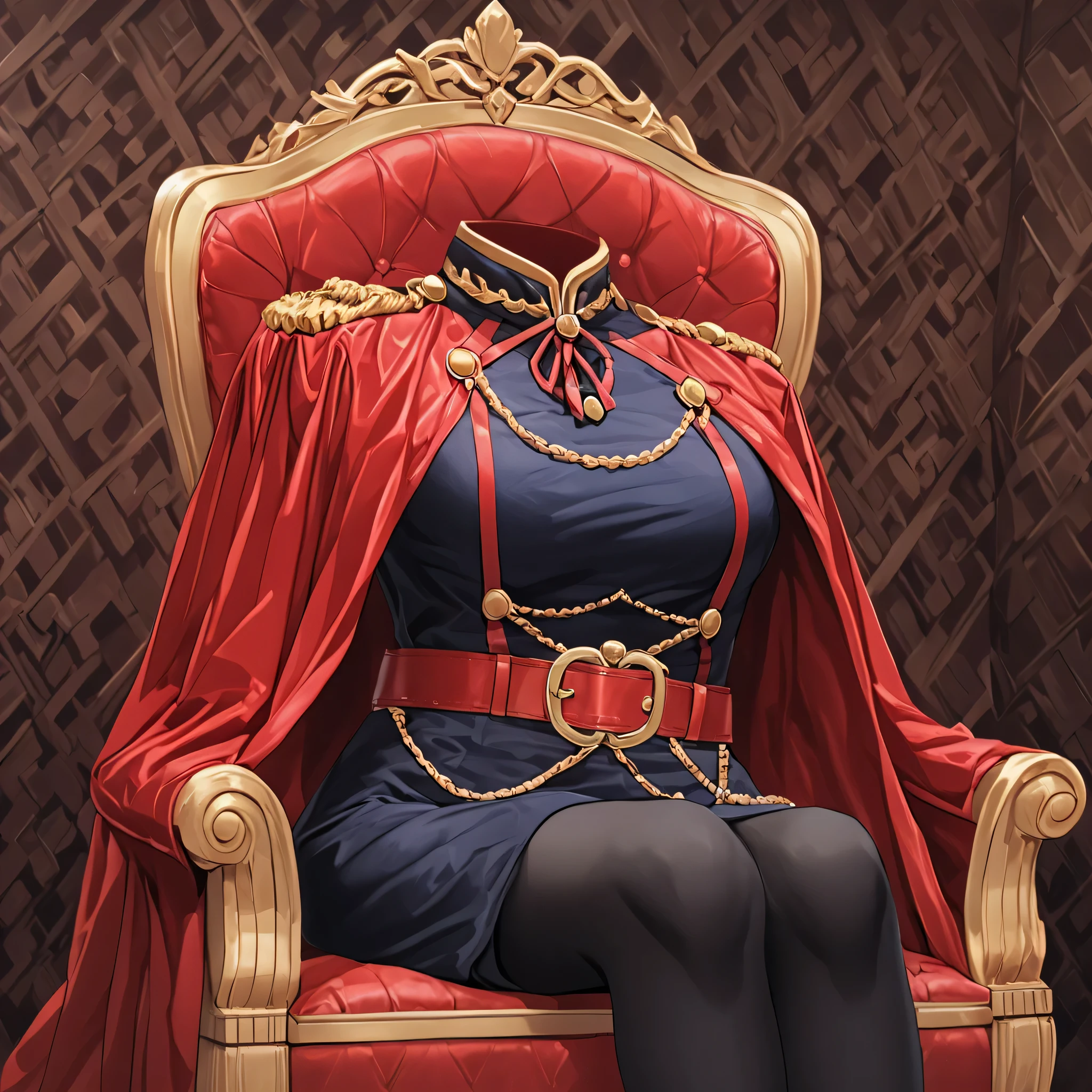 yamashiroren, military uniform, epaulettes, white gloves, red cape, belt, black pantyhose, fighting pose, on king chair, (invisible:1.5, no humans:1.5, headless:1.5, faceless:1.5), cute big breasts, detailed cloth texture, extremely details, close-up to breasts, (Best-quality, Masterpiece, Ultra-High-Resolution)