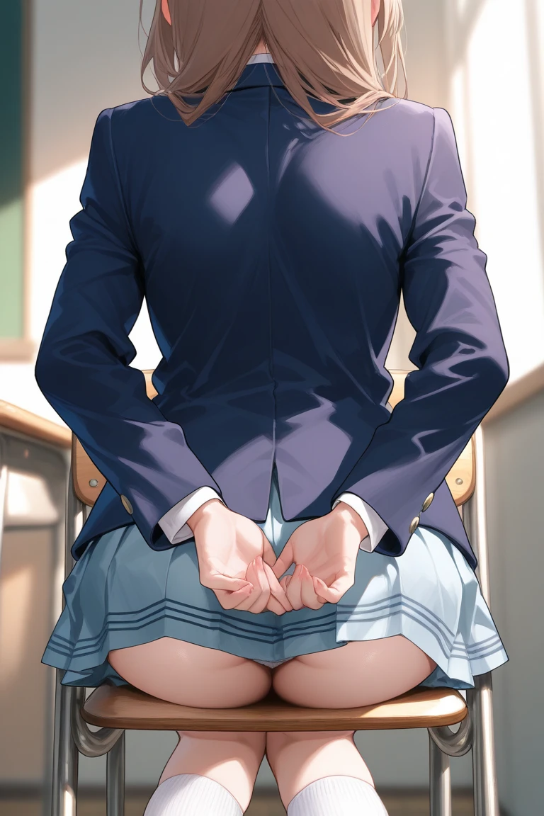 depicting a moment from manga for adults, ((round face, open legs, standing and straddling to hit her crotch against the corner of the table))), skirt various patterned, blush, round face, eyes with realistic sizing, drooping eyes, blush, shame smile, spread legs, open mouth,