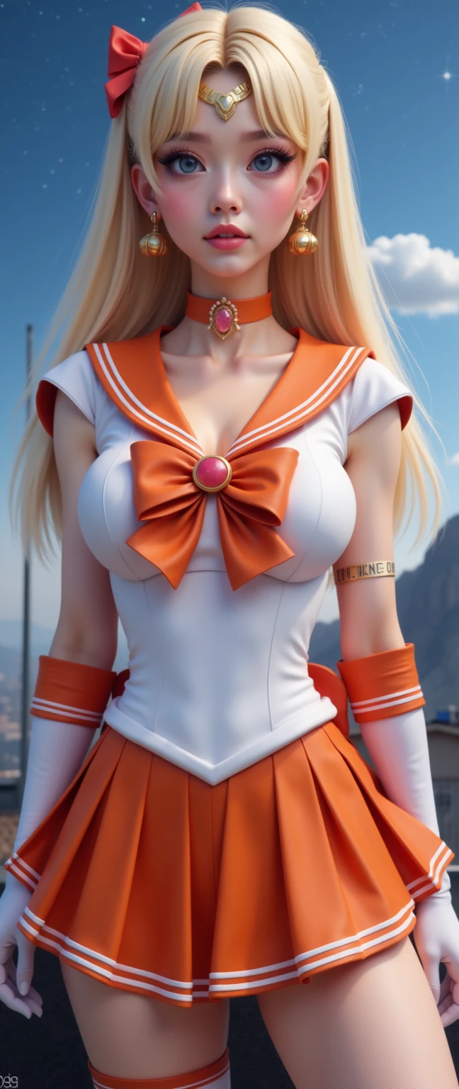 1个Giant Breast Girl，cabelos preto e longos，Qi bangs，Long ponytail，White bow hairpin，red pupils，beauitful face，crisp breasts，Convex buttocks，White military uniform，Double-breasted gold-tone clasp，White pleated skirt，black lence stockings，White gloves，Japanese katana in hand，beachside，Naval warships，perfectly proportioned, Cinematic lighting, filmgrain, Fuji colors, lightand shade contrast, 8K, 巨作, Textured skin, Super detail, high detal, High quality, A high resolution,
