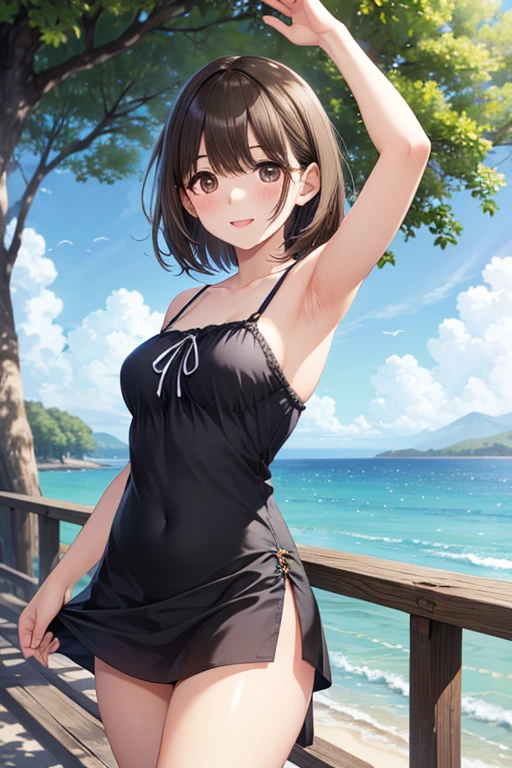 (masterpiece), best quality, (16k), expressive eyes, perfect face, lady, 1 girl, solo, middle breast, navel, BREAK, ((wet black frilled bikini)), ((wet black layered mini skirt)), bare arms, bare legs, shiny skin, wet body, BREAK, brown hair, bob cut, wet hair, brown eyes, smile, BREAK, outdoors, in the pool water garden, wading, standing, (cowboy shot), ((from front)),