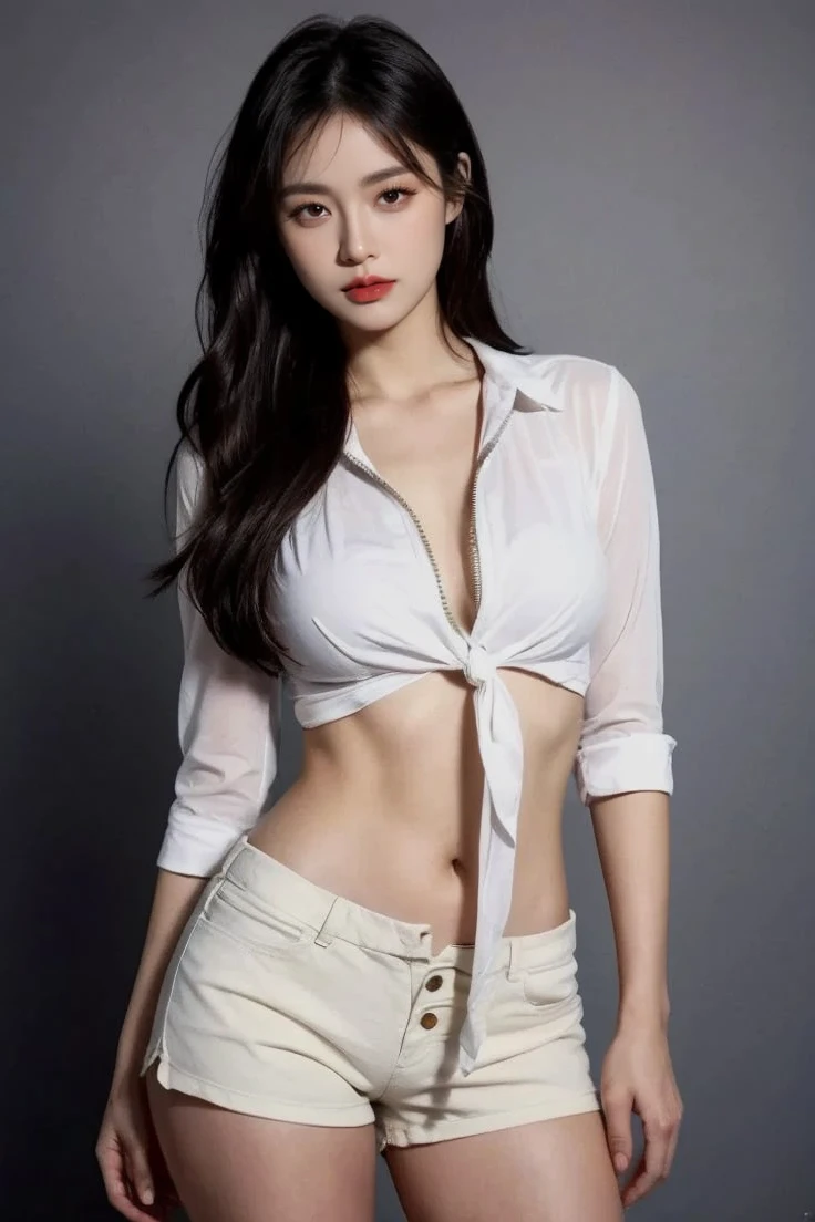 8K, Top Quality, Intricate Details, Ultra Detail, Ultra High Resolution, Masterpiece, close up shot, Slender, Smile, (Makeup: 0.4), (Fluffy Blue Eyes: 1.21), blue Eyes, looking at viewer, (()), 1girl, solo, 1 girl, (( full body)), , , ((tall)), (((fit body))), (((slim face))), sharp face, sharp eyes, (((black hair, long hair, random hairstyle )) , (detailed face), sharp face, small lips, Standing with hand on hip,
((open shirt )), ((detail belly )), detailed face, detailed breast, , large breast, detail ass, , Beautiful girl with accentuated slender abs: 1.4, Six Pack Abs: 1.4, Bust Botox, Big, Perfect Body,, (( dark background)), black background,