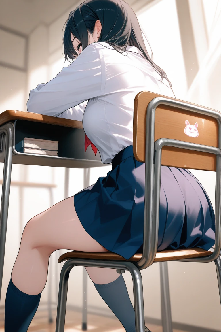 Tabletop, highest quality, Japanese girl, 8k, RAW Photos, highest quality, Tabletop, Hmph:1.2, Highly detailed RAW color photos, Professional Photos, (Realistic, Realistic:1.37), (Highly detailed skins:1.2), Ultra-high resolution, (Lenz 50mm), (Tabletop, highest quality:1.3), (Ultra detailed 8k cg:1.2), (Super realistic:1.35), (Realistic:1.45), (Realistic:1.4), Cowboy Shot, A beautiful Japanese woman, 22 years old, Supermodel, Japanese Idols, __Performance__, Big Breasts, (sitting on desk:1.1), (school uniform:1.4), (Spread your legs:1.2), (School classroom background:1.1)、Korean Idol、Nogizaka Idol、Gravure idol pose、adult、