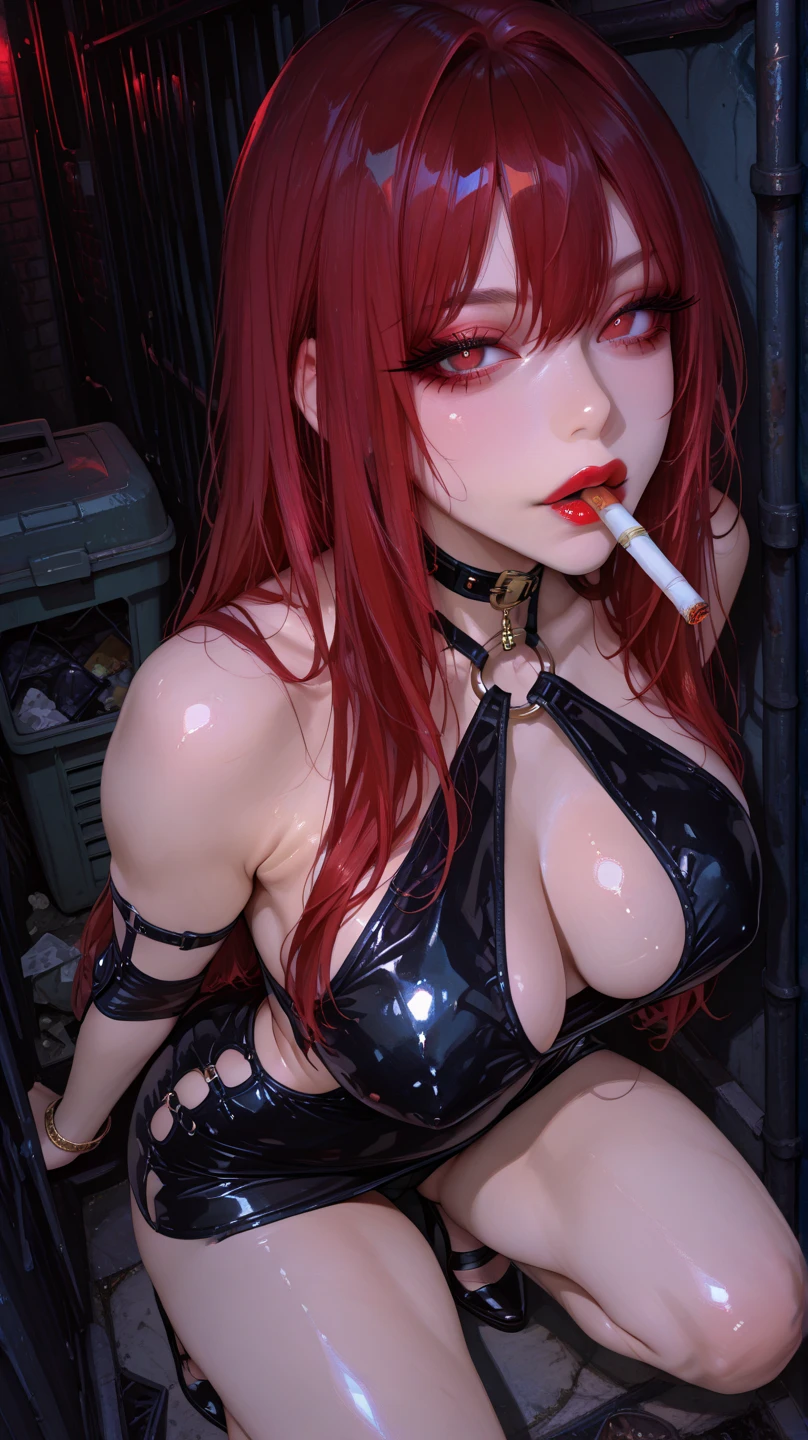 Cabra pelirroja antropomorfa como mujer demonio, Pelo rojo de cola de caballo, halo, cuernos suaves negros, Toalla de mano, bright crimson roko lipstick