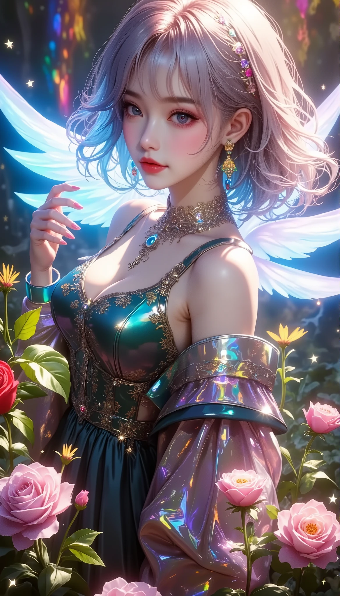 A fashion magazine, Hyperrealistic oil painting, (a pure white parrot), Short hair neutral woman, pink and emerald, Plants cover the background, style of artist hsiao-ron cheng, shiny hair, cowboy shot, Art Deco, Verism, bloom, award winning, retina