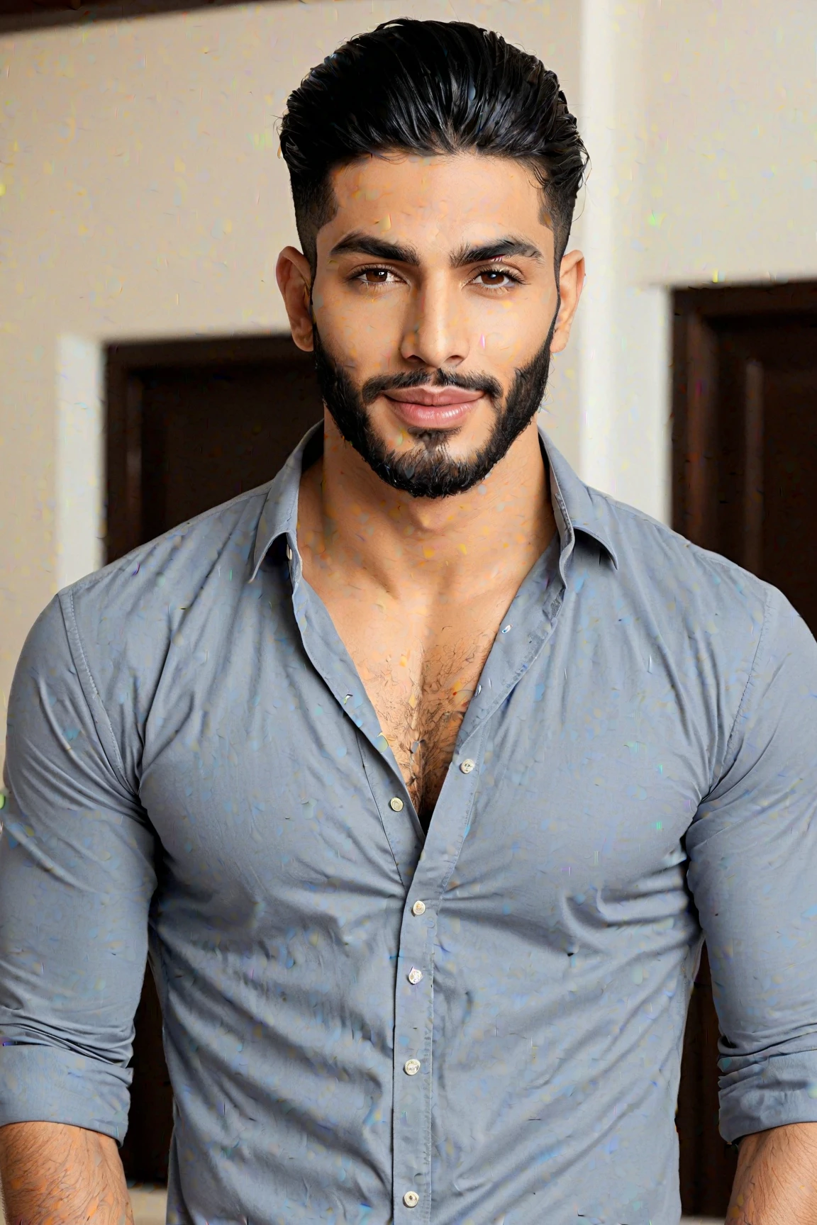 A handsome Mexican man, black hair, short beard, 6 pack abbs,virile and fit body , sitting on a park bench, smiling