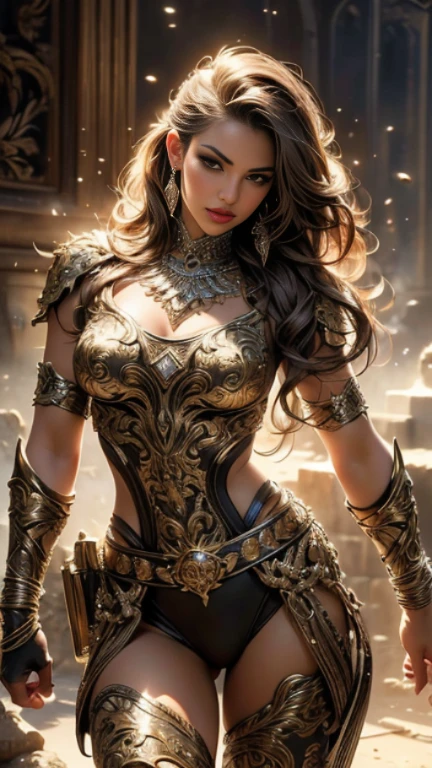 Create a stunning queen adorned in a spectacular armor. She stands tall and regal, her armor gleaming with intricate details and majestic designs. Her presence is both commanding and elegant, embodying the perfect blend of beauty and strength.