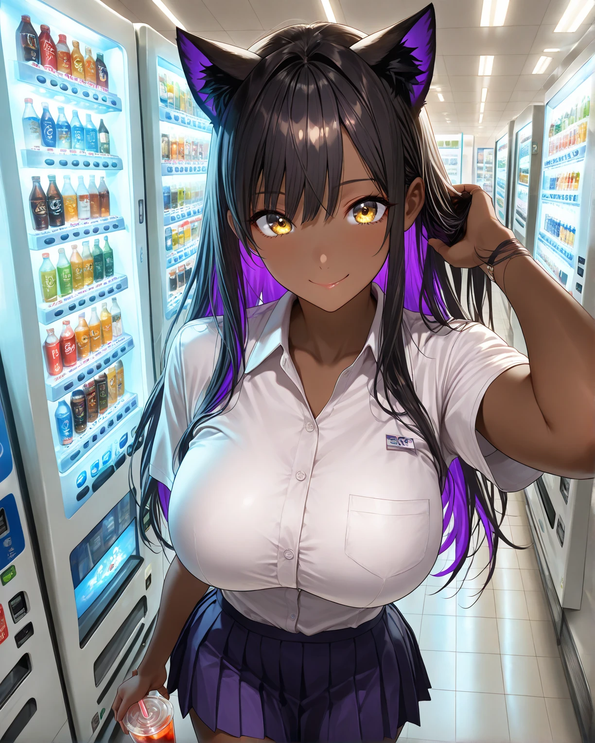 BoobsChestTattooBody,Futuristic Girl,9 years old,,Cute smile,Purple eyes, space, Purple Hair, Blue Hair, Pink Hair, Long Hair, Futuristic popular coffee shop,mechanical cat ears,Futuristic short pants casual wear,Topless, normal breasts, beautiful breasts, topless, beautiful breasts, normal breasts、Futuristic Panties,Daily life