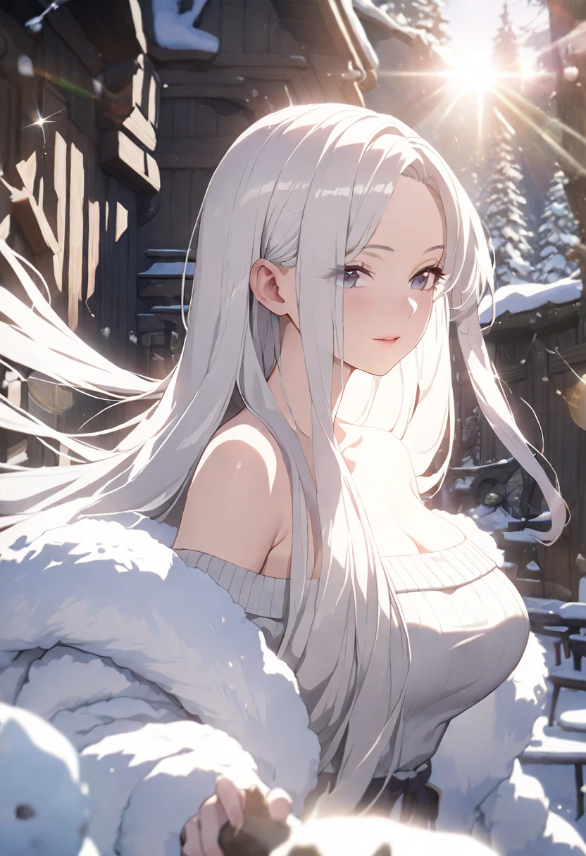 ((masterpiece:1.5、8k、Tabletop、フォトリアリスティックでVery detailedなCG、Very detailed、Particle Effects、Dynamic Effects、Written boundary depth、Cinematic Light、Lens flare、Ray Tracing、Tabletop、Realistic:1.4、Ultra-high resolution:1.2、Realistic、Realistic))((alone、,A woman wearing a white fur coat over an off-the-shoulder sweater.:1.4、Elegant woman posing:、Detailed face、bright表情、young, bright, Whiter skin、Ample breasts、Best Looks、Ultimate beauty、White hair with glossy highlights、bright and shiny hair,、Super long, Silky straight hair、Hair dancing in the wind))(morning、The setting is outdoors in the snow、Crystal of snow)
