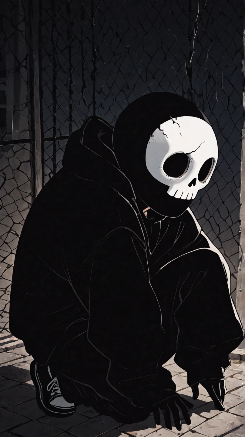 A man with a skull mask, wearing black streetwear written GRICERINA , relax in a beautiful lush forest, in contemplative pose