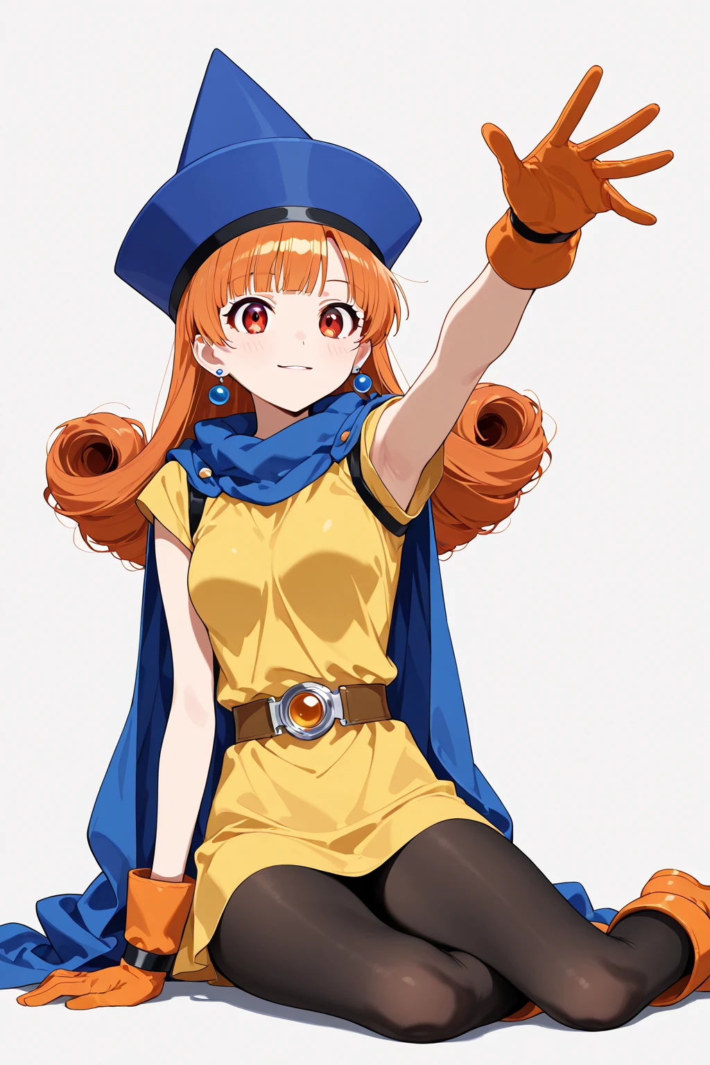 1 Girl、High resolution、masterpiece、(Arena - DQ4、DQ4-Arena、Orange Hair)、smile、Squat with your legs apart、Leaning forward、thin、Muscular、thin太もも、、Outdoor、sunny空、sunny、Navy blue hat、Cape、Mini Dress、boots、(((Sexy white panties with detailed trim)))、Attack with kicks、Attacking with the foot、shot of her from below、Black tights with detailed embellishments