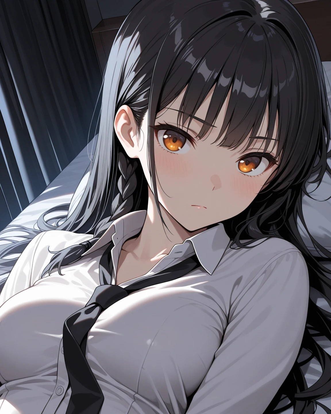 (open arms for viewer :1.5),(looking at viewer:1.5), (on back:1.5),Shooting from above、Realistic, real person, (pale skin: 1.2), RAW photo, photorealistic, portrait photography, shiny skin, shiny hair、 (A 35-year-old woman with bangs) and (wavy hair) and (brown hair) and (Orange Eyes) , (business suit:1.5)and (Wearing a white collared shirt)、 sweat、(blush:1.5),Cleavage、Sleeping on the sofa、(alone:1.5)、Pose with a cuddle