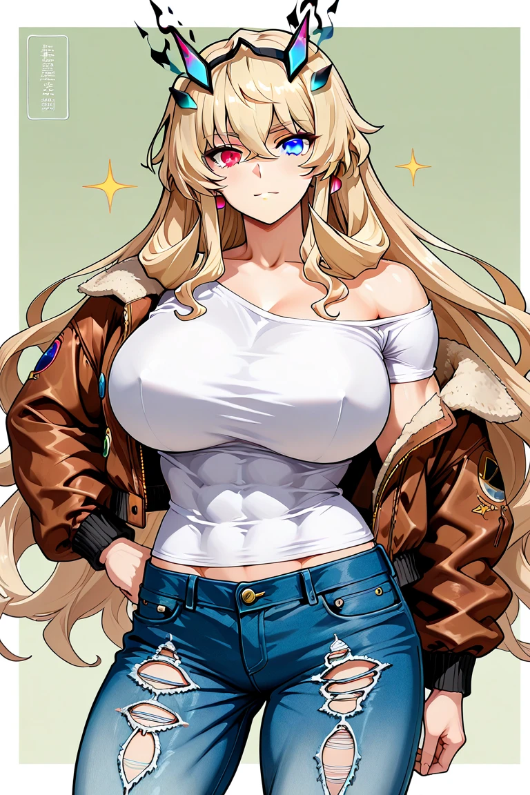 score_9, score_8_up, score_7_up, score_6_up, score_5_up, score_4_up, yu hee, blue eyes, blonde hair, long hair, big breasts, oversized tassel earrings,big earrings, ears ,long earrings,saggy off shoulder crop top, leather pant,navel, underwear string , cleavage,