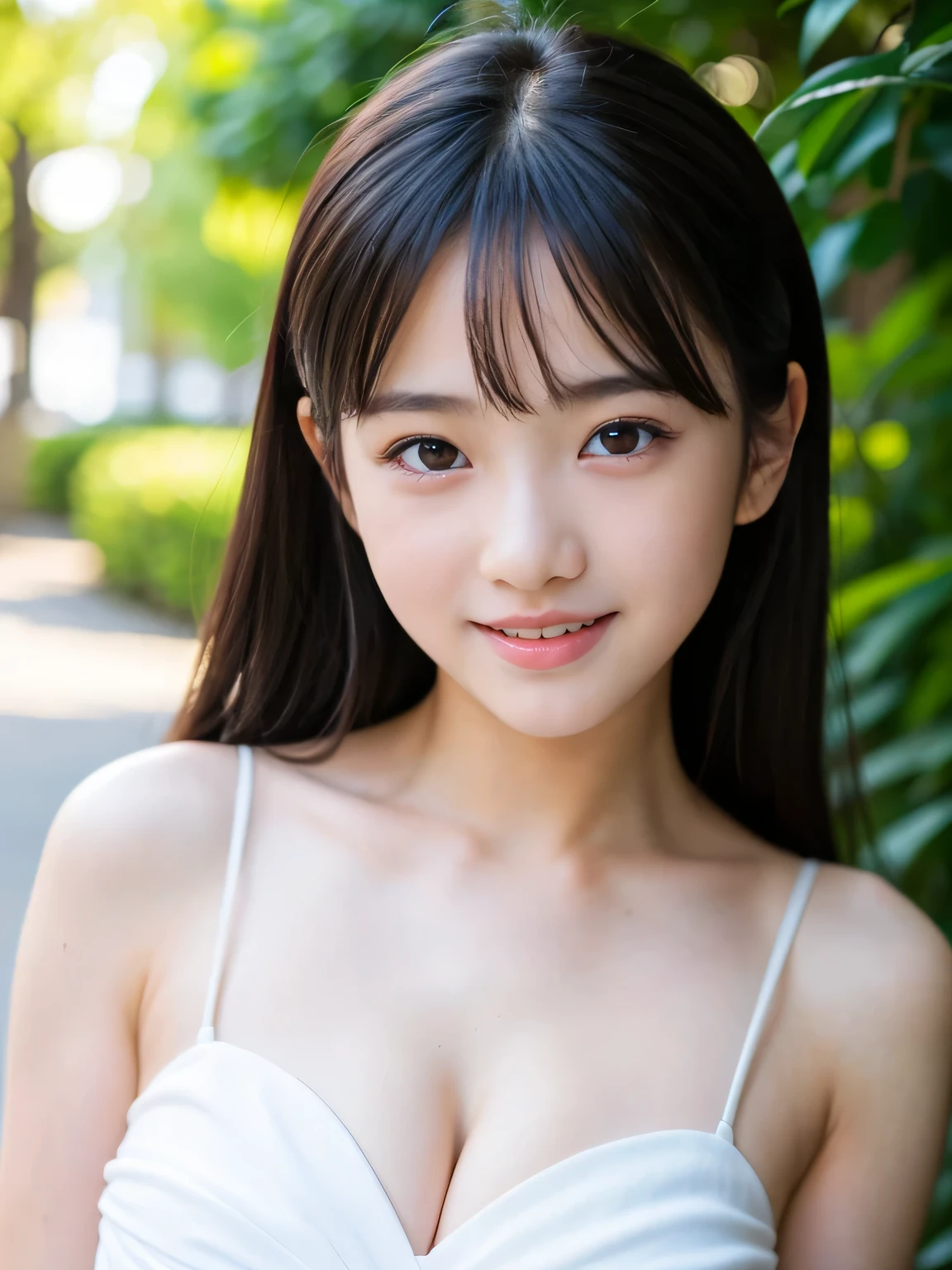 (Best-quality, Masterpiece, Ultra-High-Resolution, (Photorealistic:1.4), Raw Photo, depth of field, professional lighting, perfect anatomy, extremely details), ((at summer-beach, beautiful sunlight, beautiful clear-sky, beautiful sea)), (1girl, ((-yeld)), most famous Japanese idol), ((innocent smile)), ((extremely beautiful and extremely realistic skins)), ((((extremely cute and extremely big black-round-eyes)))), ((extremely cute face like the most popular Japanese idol)), (extremely beautiful black-long-hair), (extremely cute long-eyelashes), (extremely cute lips), (extremely cute shoulders), (extremely cute cleavage), (extremely cute body), (extremely cute thighs)