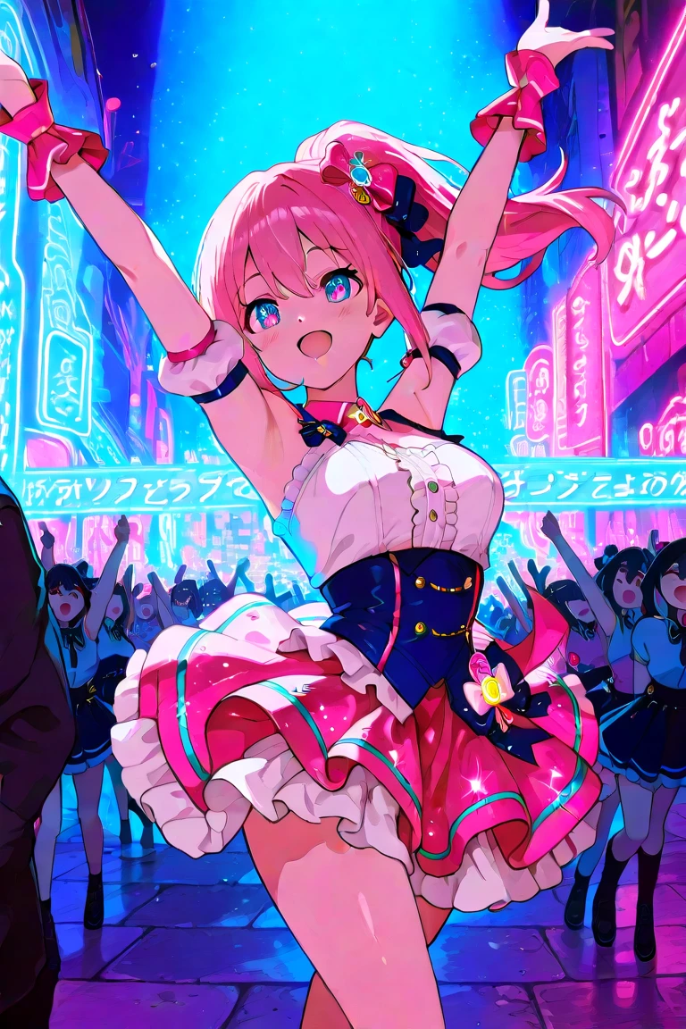 Dynamic Angle, ((((Detailed eyes and detailed face: 1.2)))))), (((Perfect human hand, super detailed human 5 fingers)))), ((Perfect human foot)), Upper body, 1 or 2 girls, Smile, Wolf ears, Wolf tail, Pink eyes, Hair between eyes, (Wink)))), D Cup, cleavage, Striped hair, (Colorful hair color: 1)))))), (( Random Hair Color: 1))), Variegated Hairstyles: 1, Twin Tails, Ultra-Detailed Gradient Hair, ((T-shirt designed with (kagenari letters: 1)))), Professional designer, fashion leader, Ruffled miniskirt, Love Live, Jewelry, Backstage, Best Stage, Climax, Professional Stage, (( ( Holding the microphone with your left hand and singing emotionally, overflowing emotions, the best smile))), singer, vocalist: 1, idol, diva, professional stage, professional lighting, live lighting, averting gaze, fan service: 1, ((((satellite photo seen from the audience)))), ((((Panchira, cute panties))))