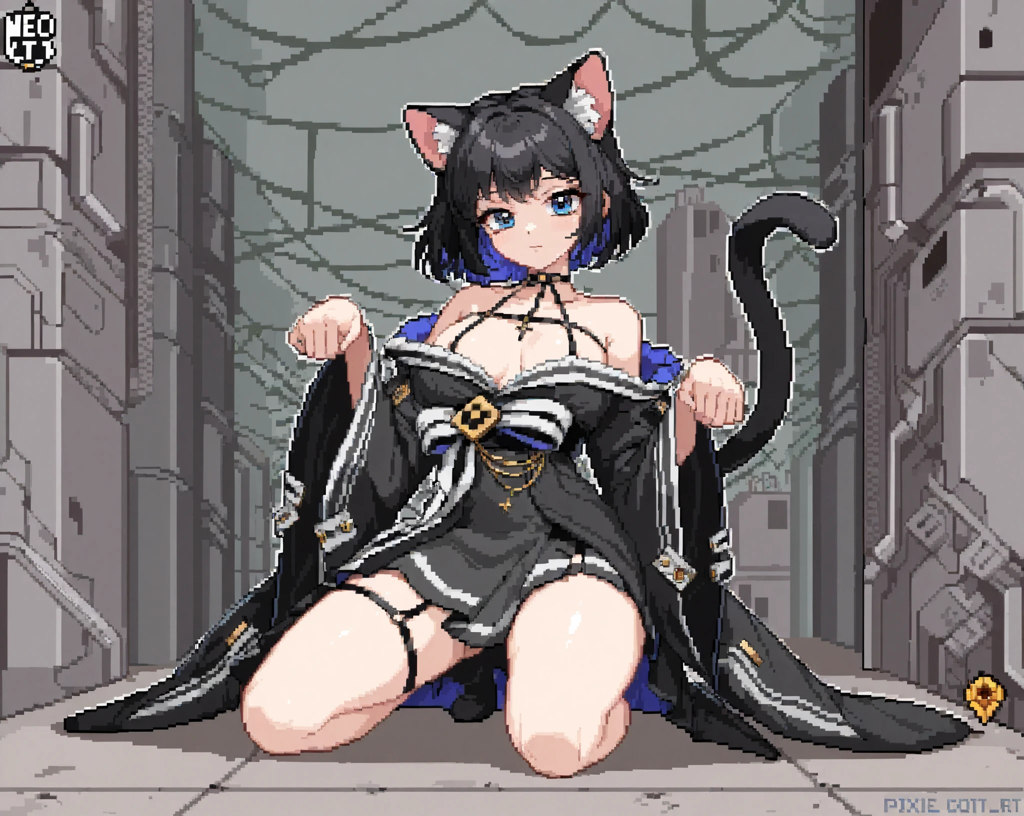 High resolution、Highest quality、One girl、Dark back alley、nekomataokayu，Light purple hair、short hair、Cat ear、Purple Eyes、Beautiful details、Women of Futanari、tears、Surprised face、Blushing、Large Breasts（Nipples）、penis（detailed）、Worms coming out of the penis(futanari）、Urethral parasites（One tentacle）、Squat down and spread your legs、Urethral Insert(worm)、Focus on the urethral opening