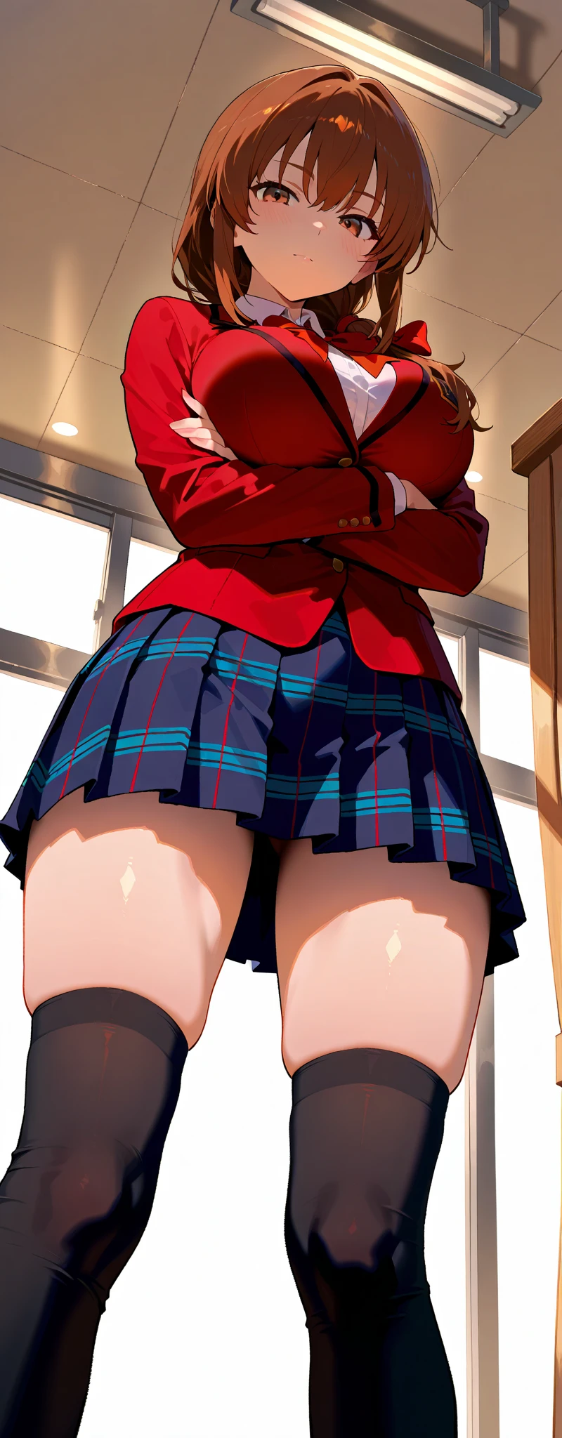 1 girl,high school girl,High-cut underwear,((Low Angle,,Sailor suit,Navy blue mini skirt,Pleated skirt,Pointy Chest,Angle of view where the ceiling is visible,Very fancy red panties,Angle of view that lets you see inside the skirt,High leg panties,pubic hair,Black knee-high tights,cameltoe)),(from below:1.9),((highest quality, wonderful,8k, masterpiece :1.3)), (Realistic, photoRealistic:1.4),(very fine and beautiful skin,Black Gal),blonde,Very detailed,Cinema Lighting, Detailed light, Best Shadow, Dynamic Angle,Elaborate panties(High leg pants:1.1),Super big boobs:1.6, Plump thighs, mini skirt(Pleated skirt)