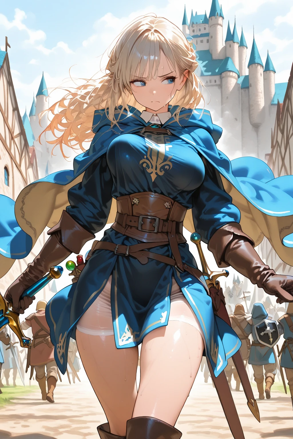 ,Perfect ,don quixote \(limbus company\, Naked、Blonde hair, Short hair, hair between eye, Orange Eyes, She straddles the bayonet、(Musketeers in medieval Europe )、hiqcgbody