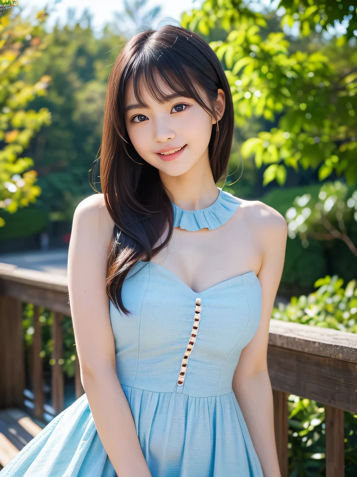 Female Japanese sitting on café terrace, Elegant, long curly hair, turn, off shoulders, large round eyes, Sunlight, with round face, With bangs, Brown eyes, narrow forehead, a baby face, Tear bag, smile, Large front teeth are slightly visible, long skirt,