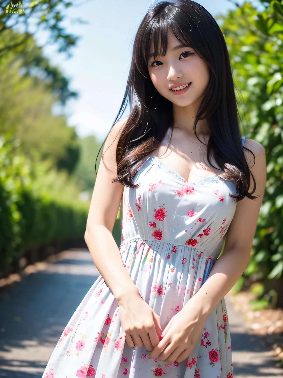 Best-quality, Masterpiece, Ultra-High-Resolution, (Photorealistic:1.4), Raw-Photo, 64K, depth of field, professional lighting, perfect anatomy, extremely details, 1girl, 15-years-old, the most famous Japanese idol, cowboy shot, dancing at park, wearing off shoulders dress with cute-patterned, ((extremely cute face like the most popular Japanese idol, ((extremely cute and extremely big eyes)), extremely beautiful hair)), extremely beautiful skins, extremely cute lips, extremely cute long-eyelashes, extremely childish body, looking at viewer, innocent smile, detailed off-shoulders-dress-with-cute-patterned