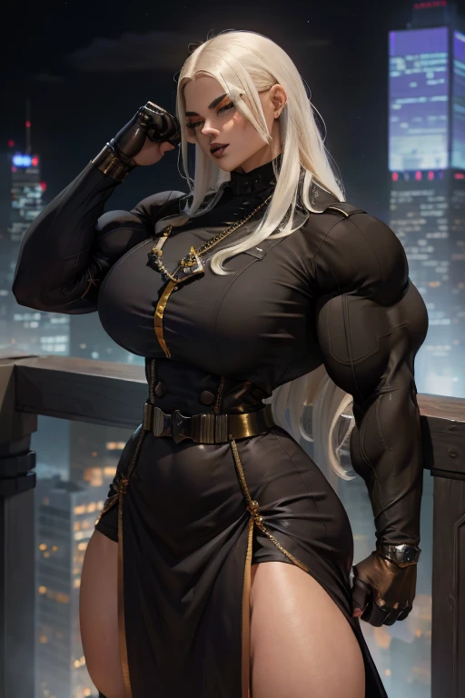((((Massive tall, beautiful, buff, sweating, light brown skinned muscular woman with white hair, black lipstick, ginormous bulky muscles and wearing a beautiful black long-sleeved blouse with a beautiful skirt)))), (close view), massive muscle, massive biceps, hyper muscle shoulders, massive muscle arms, vascular shoulders, hyper muscle triceps, (long straight hair), (beautiful black long-sleeved blouse with a belt), blue eyes, gloves, choker, (beautiful black skirt), (thigh high socks), boots, in a school rooftop, confidant smile, night, hyper vascular arm, hyper muscles arms, hyper muscle legs, massive arms