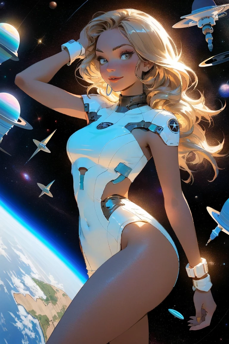 Flying girl in space, wearing just underwear and bra. a girl wearing a space helmet. full height girl. a view from afar. the whole body of the girl is in the frame, legs are fully visible. Unbeatable masterpiece, Ultra photo realsisim, Perfect artwork, Intricate details, Best quality, Strong light , High contrast, Dynamic pose, Solo , Large breasts , 1girll, Floating hair , Science fiction , Let's go horizontal and vertical. Look for Phantom Cats, moon phase is background, girl more standing