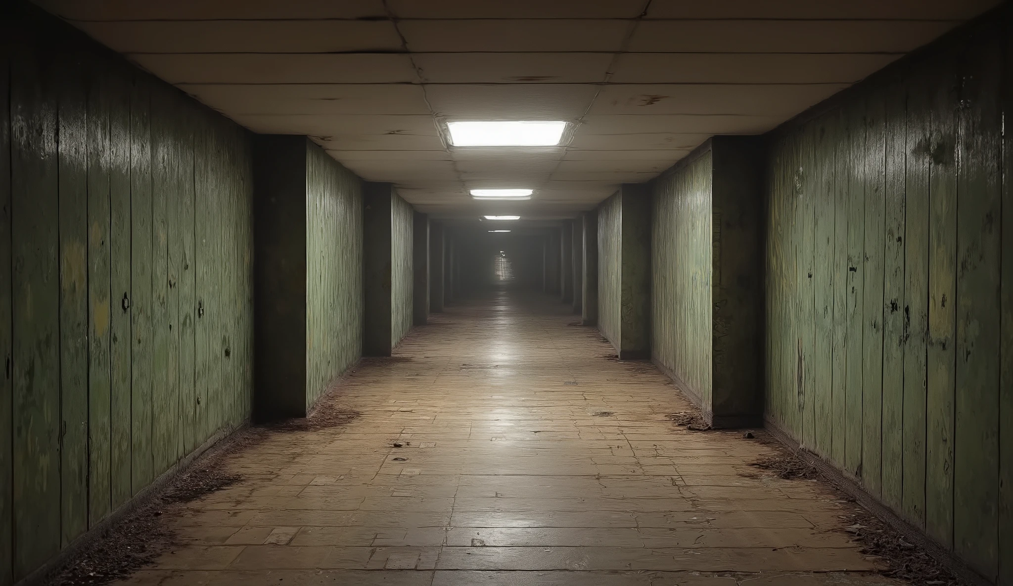 An endless basement hallway, surreal, liminal, hyper realistic, high detail, masterpiece.