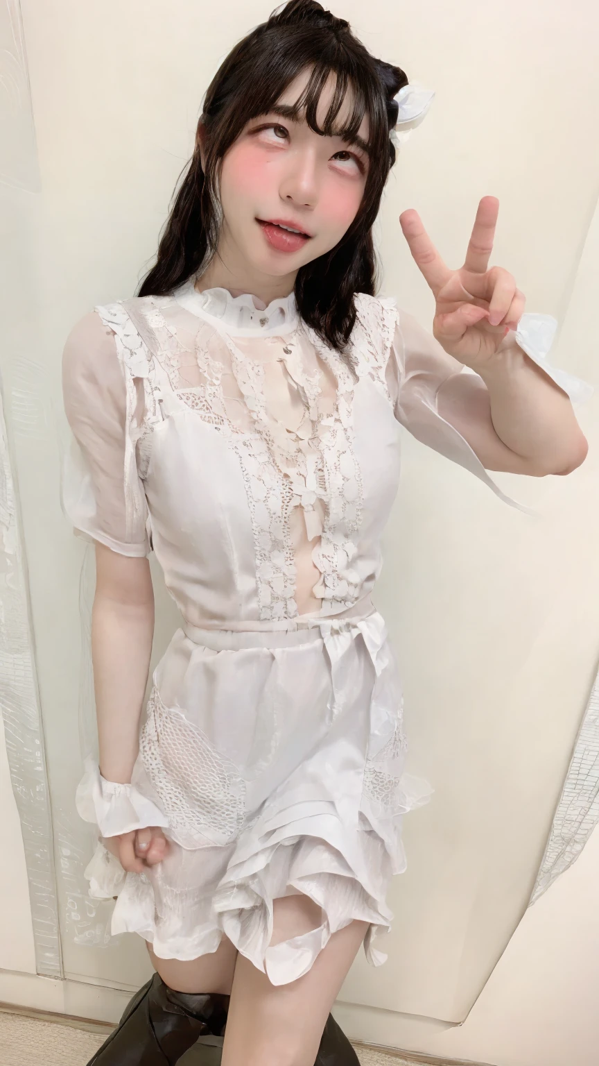 Highest quality、masterpiece、8K、Very detailed、Realistic、One person、Looking at me with a smile、whole body、Big Breasts、Erect nipples、Thin and beautiful legs、Tight and slim waist、Sleeveless see-through dress with tight lace and buttons and collar