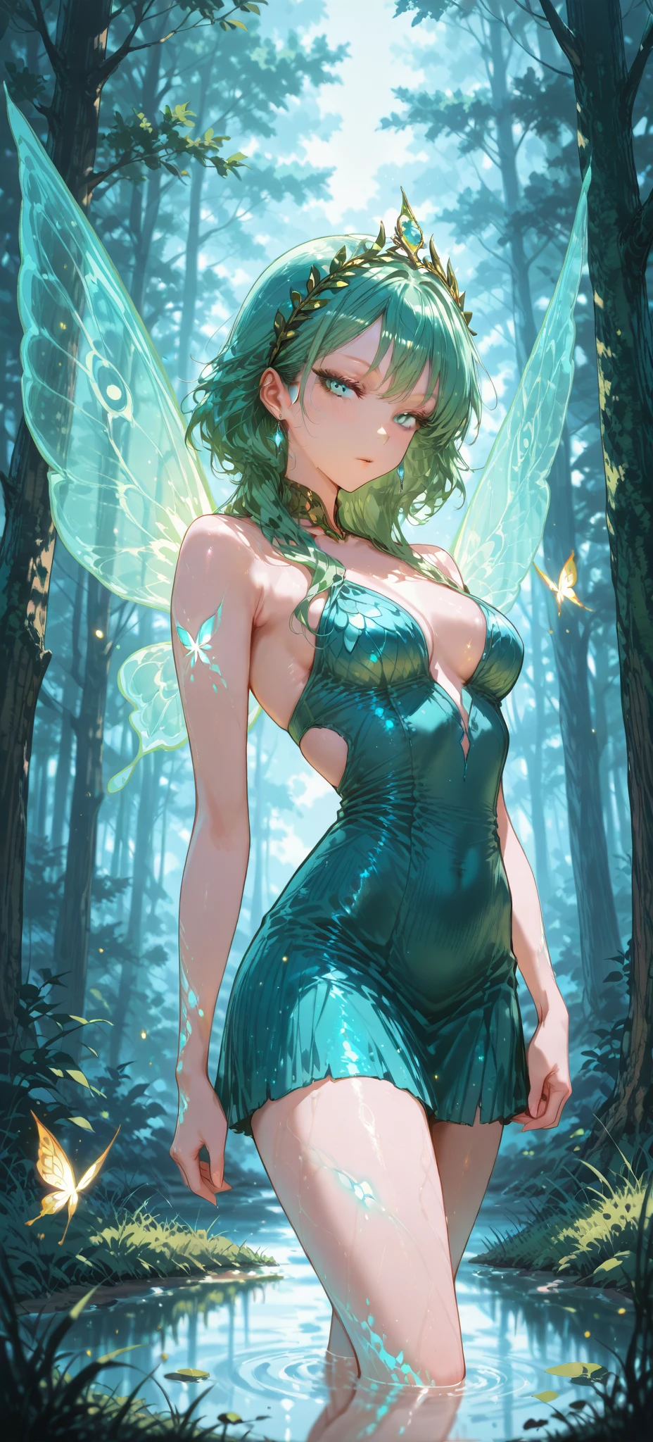 best quality, expressive eyes, perfect face, male, young man, femboy, flat chest, fantasy, lingerie, lewd, facing the viewer, fairy, fantasy background, fairy lingerie, green eyes, green hair, short hair, green lingerie, nipples, water dripping on the body