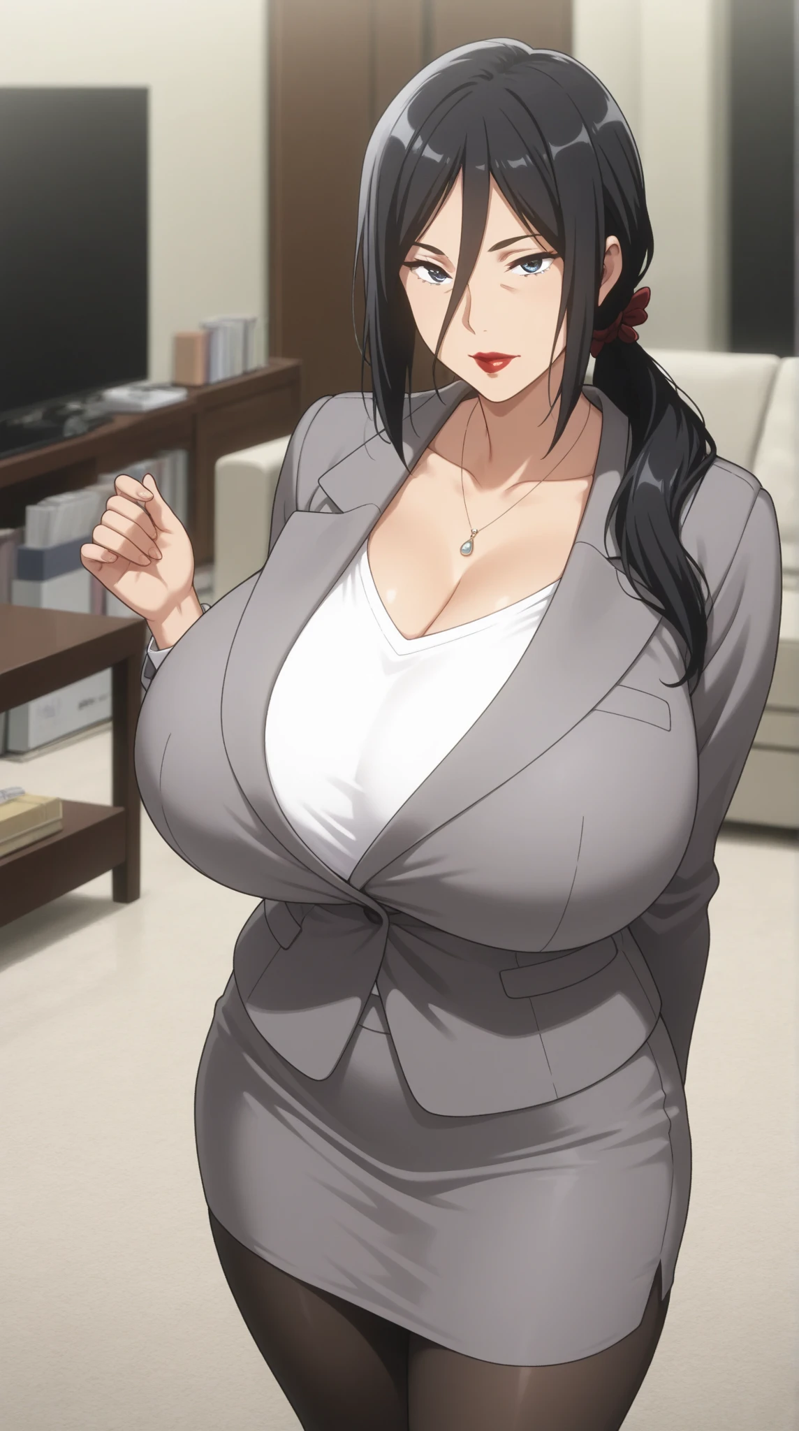 Highest quality, Mature Woman, Huge breasts, Huge Ass, Very curvaceous, High Ponytail, Iris, Fuller lips, Fascinating, Principal uniform, Black Blazer, White button up, Pencil Skirt, Exposed cleavage