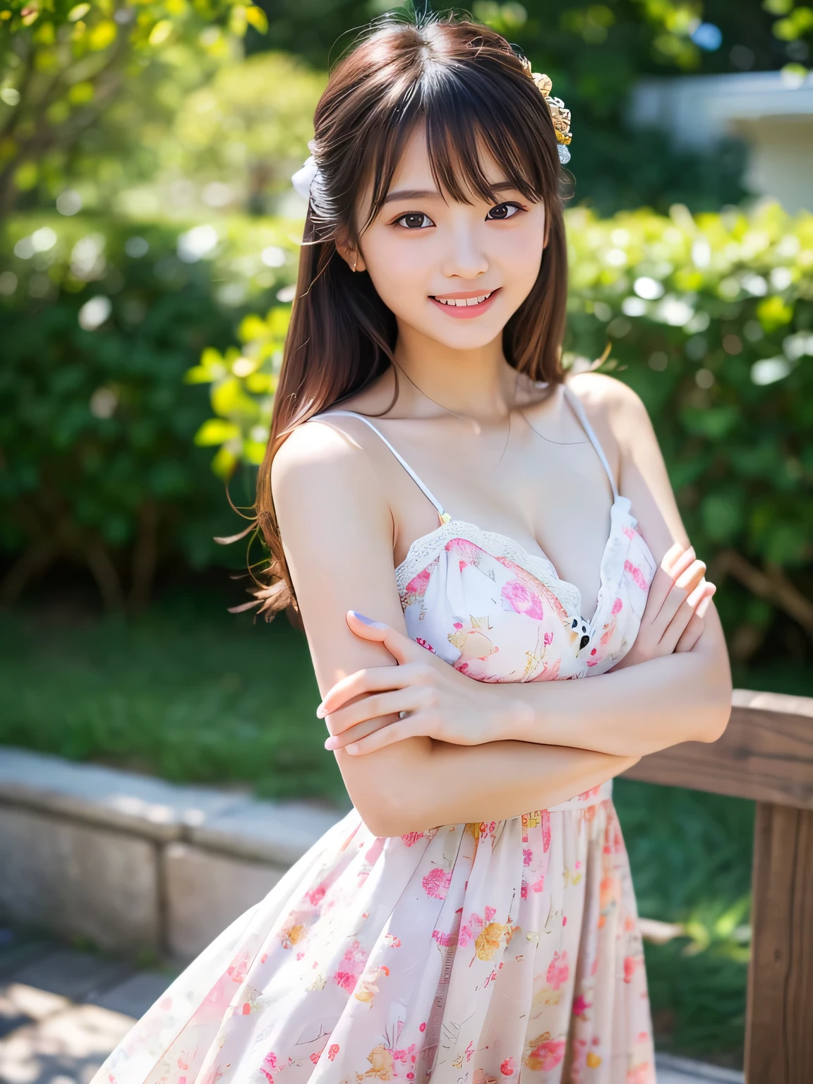 1 young girl,very cute and beautiful japanese teen actress,highly detailed beautiful face,
looking at viewer,smile,happy,beautiful legs,solo,cleavage,
cute girly floral pattern brown lolita dress with detailed frills,detailed lace,
flower garden,grassland,shrubbery,real person,photorealistic,8k,raw photo,