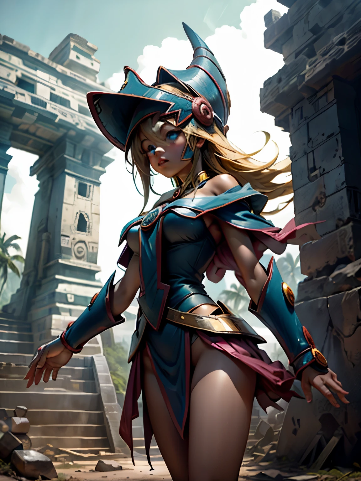 Maga oscura en una ruinas mayas. Ella las sobre vuela. She is in the Aires and sees some Mayan ruins 
