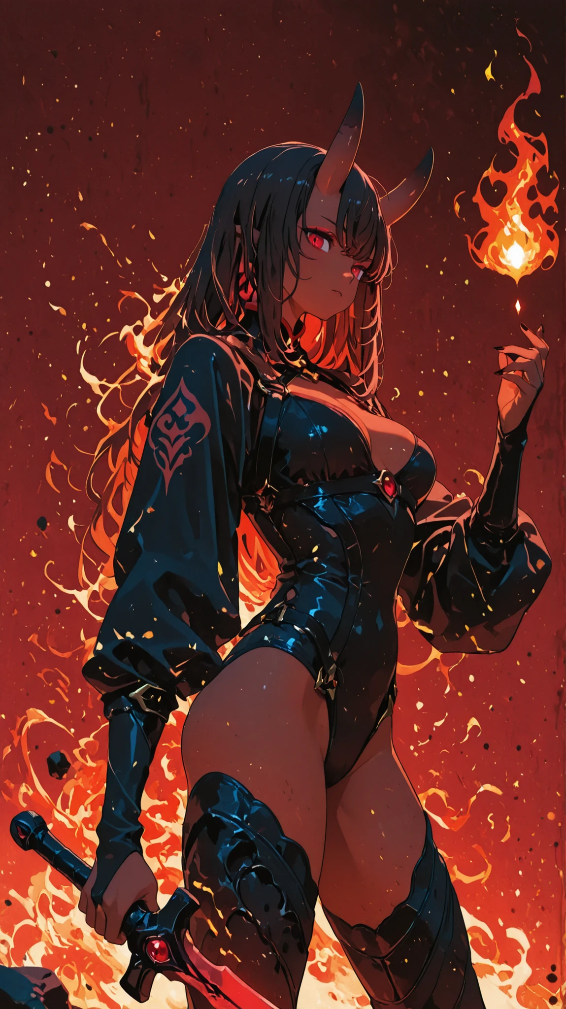 demon woman, Short horn, Red luxurious combat costume, Attractive Body, brown skin, sharp red eyes, holds the Sword of Fire in your right hand, red and black marble background