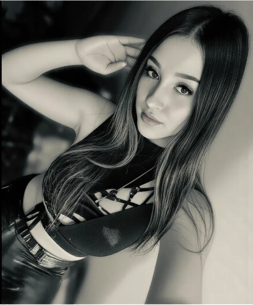 a woman, 25ear old, long brunette hairs,  textured skin, romantic smile, a lot of details, punk rock dress, grunge, ripped dress, black makeup, in a hangar, musical try out