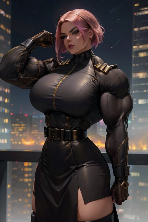 (((Close-up))), tall, (shocking pink hair) beautiful muscular woman, angled bob cut, light brown skinned, (closed smile), large breast, (black lipstick), (massive muscles), (hyper muscle), (((ginormous bulky muscles))), red eyes, (((pink captain America suit))), (Captain America pants), choker, boots, on the rooftop at night,