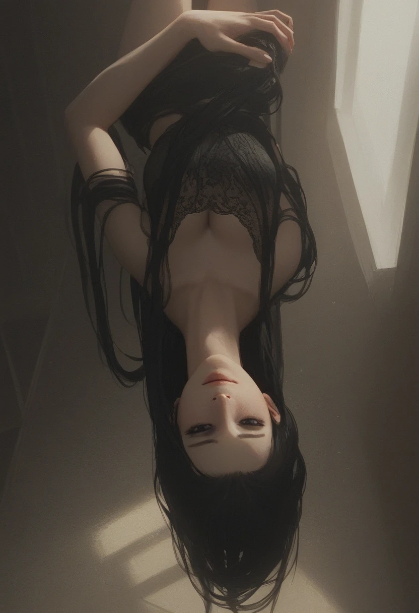 Beautiful 16-year-old woman, with Asian features,  piel clara, tersa, Wet,  girl's face, albina, traje de encajes transparente, cuerpo esbelto, vista frontal, sentada, piernas abiertas, bragas diminutas color piel, vagina bien marcada e iluminada, cinematography lighting,  8k hdr, Ultra-detailed and high-resolution,  High dynamic contrast, melancholy face.
