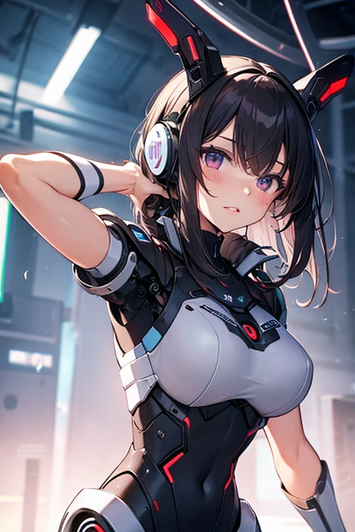 masterpieces,best quality,(ultra_detailed),3D,(realistic:1.9),(photorealistic:1.9),(green|red|blue)spot light,lens flare,shallow depth of field,sensual female DJ,(shot from the side),(scattering sweat), in nightclub,at DJ booth,DJ performance,plump,wavy short hair,built bangs,drooping eyes,wide-set eyes,lovely round eyes,looking away,round face,hip-hop fashion,headphone