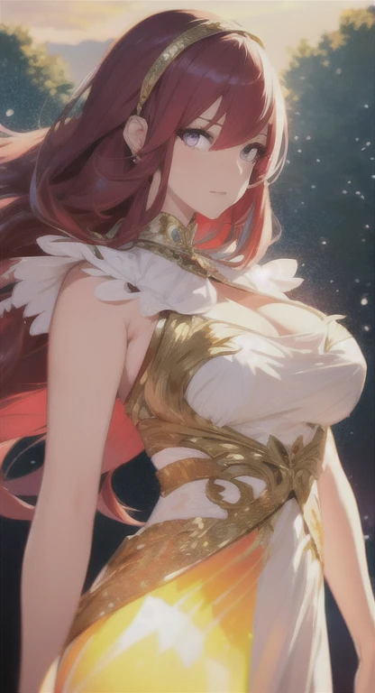 Beautiful adult girl, long straight burgundy hair, narrow green eyes, Long eyelashes, a lot of decorations, jewelry, revealing clothes, big breasts, open bodice, Very deep neckline, open shoulders, fluffy skirt, Rich decorations, headset, Dark background, pale picture, a lot of details, fluffy skirt яркая, atmosphere of villainy, shine, tanned skin, Complacency, confidence, pretty haircut, sexy pose, secreted through nipple tissue