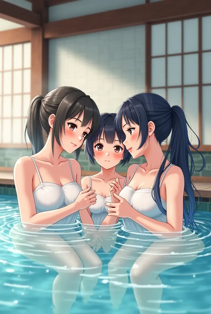 (masterpiece), best quality, (16k), expressive eyes, perfect face, lady, 3 girls, large breast, navel, (((topless))), (((wet navy blue solid pencil mini skirt))), bare arms, bare legs, shiny skin, wet body, outdoors, in the waterfalls, wading, brown hair, wet hair, Lower ponytail, closed eyes, :), standing, (cowboy shot), ((from behind)),