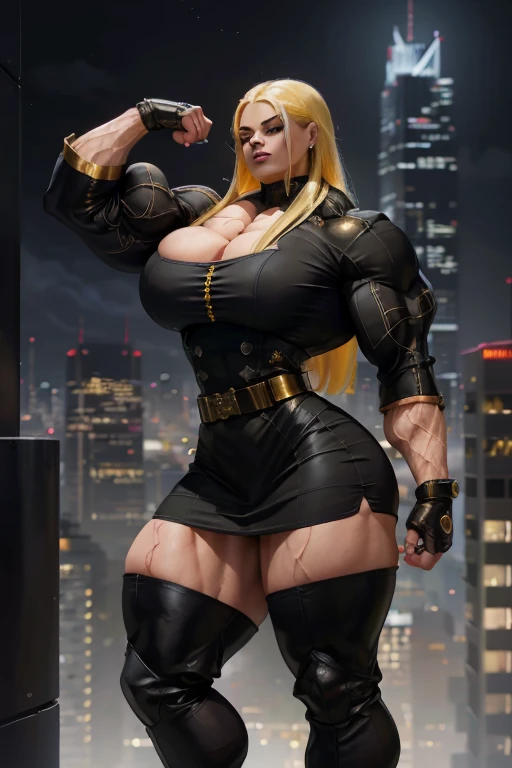 ((((Massive, tall, beautiful, buff, light brown skinned muscular woman with yellow hair, black lipstick, ginormous bulky muscles, wearing a black gothic blouse with pleated skirt and tie)))), close view, (black lipstick), massive muscle, massive biceps, hyper muscle shoulders, (ginormous muscle arms), hyper muscle triceps, (flowing long hair), gray eyes, choker, (chain belt), black boots, (spiked gauntlets), (fingerless gloves), (in a destroyed chaotic city), evil smile, night, hyper vascular arm, hyper muscles arms, hyper muscle legs, (ginormous arms).