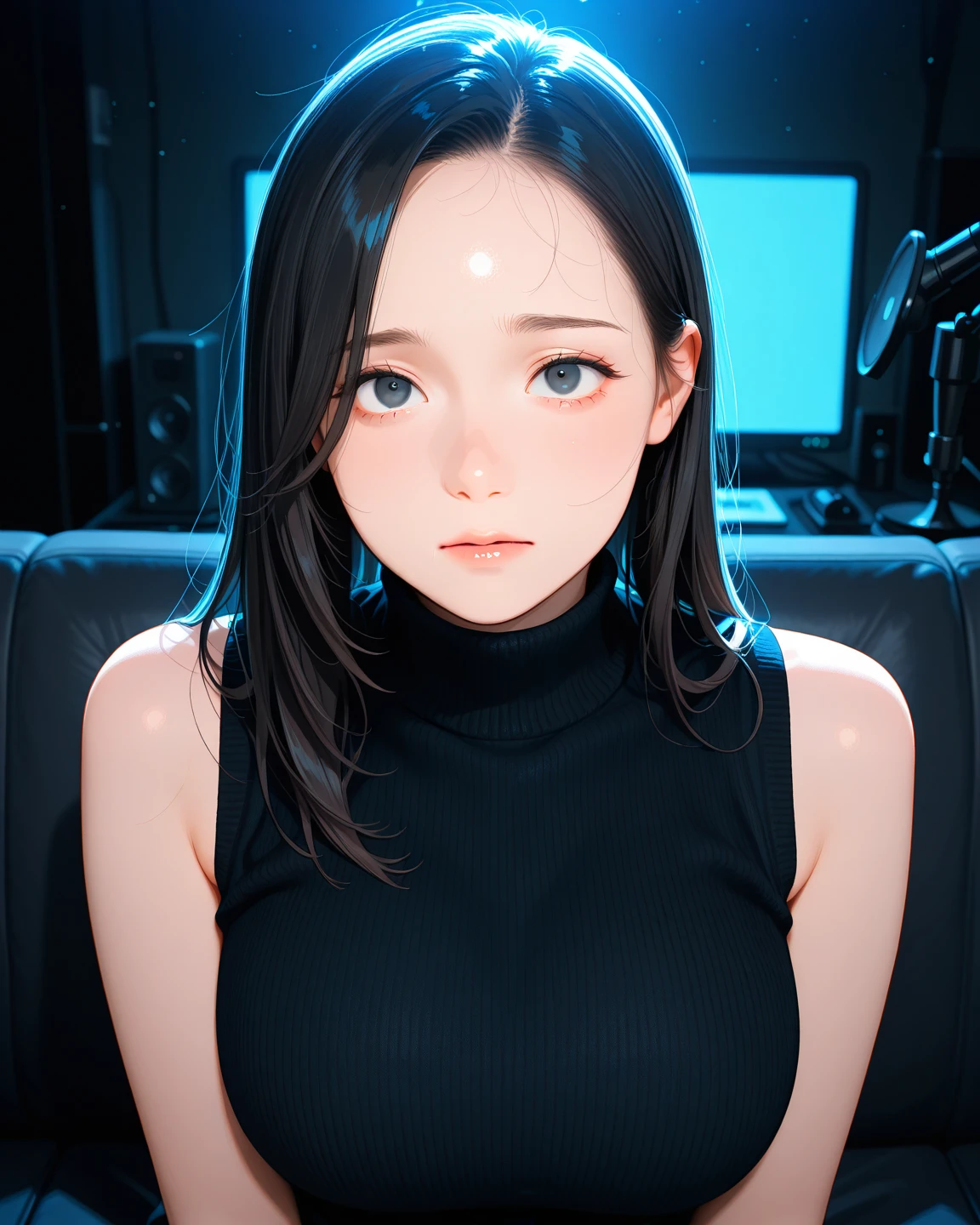 masterpiece, best quality, ultra detailed, highres, 8K, beautiful, face focus, upper body, cinematic lighting, night, darkness, faint light, ambient lighting, looking at viewer, 1girl, 30 years old, downturned eyes, healthy skin, black hair, long hair, forehead, side-swept bangs, large breasts, black turtleneck, sleeveless, wedding ring, sitting on sofa, scared, dark streaming room, microphone setup, LED background, messy, desk area, indoor,