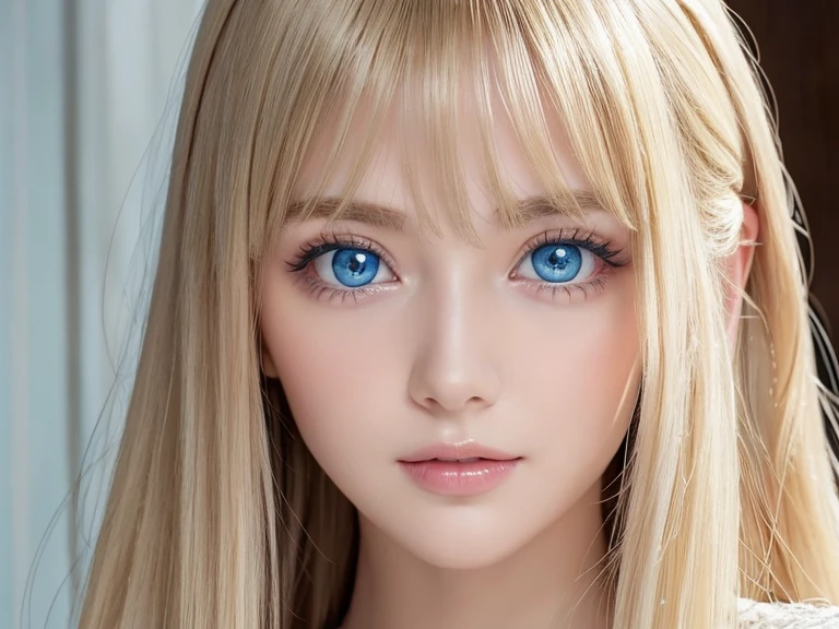 Face focus, Crazy for love, 14 years old , Frilled Summer Dress, Very beautiful blonde Scandinavian girl, Very white and shiny skin、Overwhelmingly beautiful, Beautiful shiny super long straight blonde silky hair、Blonde bangs over the eyes、Blonde hair over one eye、Blonde hair between the eyes、Has cleavage, Arms behind head, Low contrast, (Shy and cheerful expression:0.8), Hair Scrunchie, highest quality, Ultra-high resolution, Realistic photos, Very detailed, 8K, Raw photo, Perfect Anatomy、so beautiful, The Shining, Very bright light blue eyes、Very big eyes、Small Face Beauty