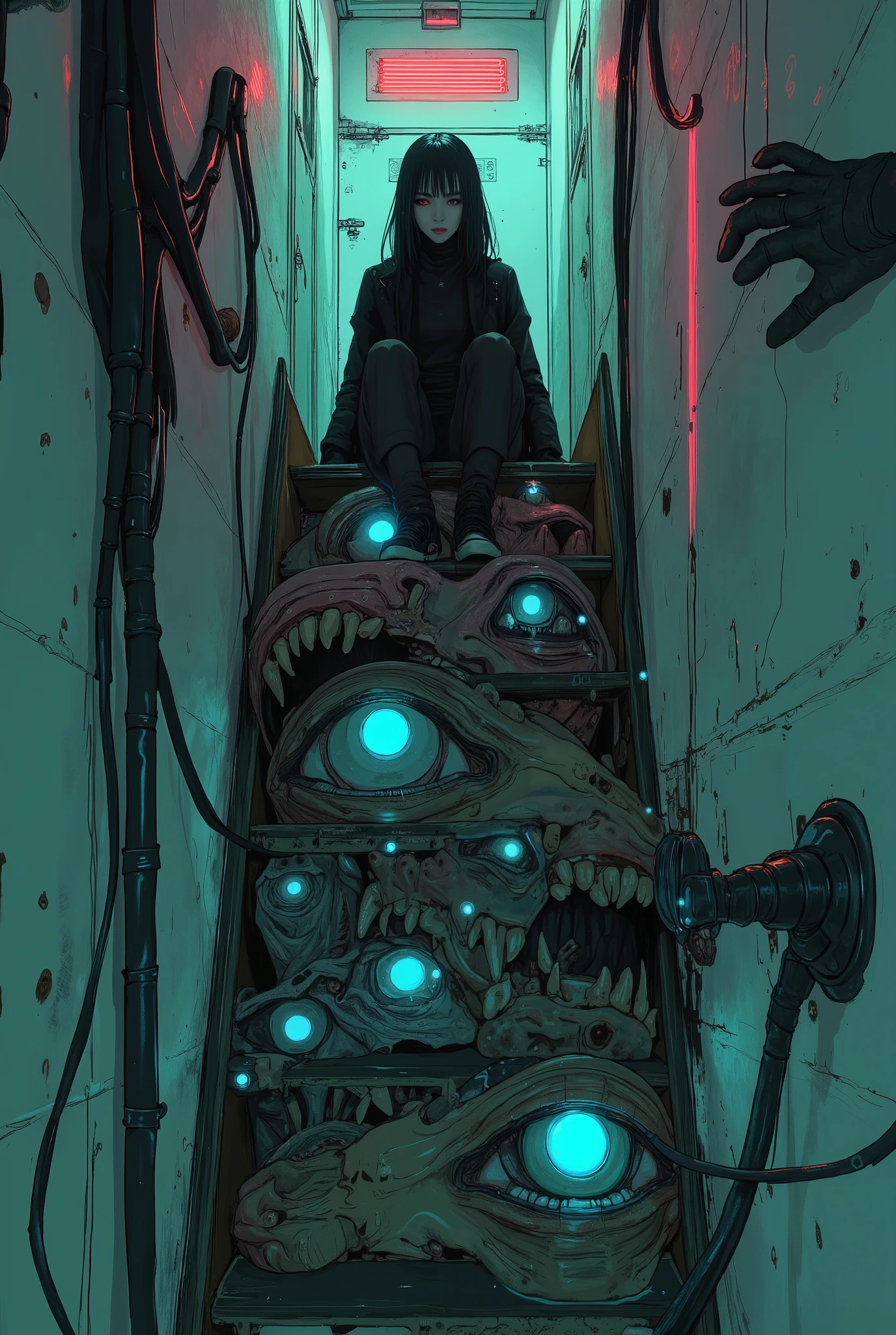 これらの手teeth影の中から手を伸ばしているような印象を与えます, A figure in a black suit sits at the topA narrow staircase. The staircase itself forms a surreal and unsettling passageway。, 各ステップにteeth, They are similarly adorned with matching glowing blue eyes. The staircase itself forms a surreal and unsettling passageway, teeth、Adding to the eerie, otherworldly atmosphere to the scene. The lighting is dim. , Throwing subtle shades of pastel pink and green onto the wall, There is a mysterious hand reaching out、Adding to the unsettling nature of the environment. 。Inviting speculation as to the identity of the figure and the purpose of the strangely animated staircase。{x} 構図teeth、The mystery of the figure and、Focusing on the unsettling repetition of glowing eyes and reaching out hands, creates a sense of entrapment and intrigue. 全体的なムードteethサスペンスとミステリー, Except for two glowing blue eyes piercing the darkness、顔teeth影で覆い隠されています.