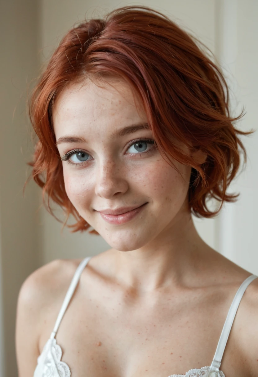 A five-year-old girl with white skin and red hair with short curly hair and many freckles. 