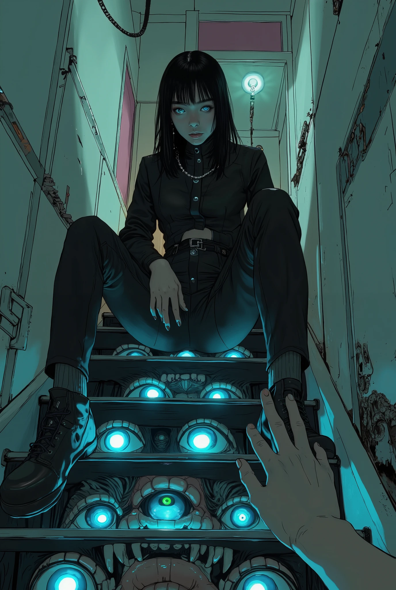 これらの手teeth影の中から手を伸ばしているような印象を与えます, A figure in a black suit sits at the topA narrow staircase. The staircase itself forms a surreal and unsettling passageway。, 各ステップにteeth, They are similarly adorned with matching glowing blue eyes. The staircase itself forms a surreal and unsettling passageway, teeth、Adding to the eerie, otherworldly atmosphere to the scene. The lighting is dim. , Throwing subtle shades of pastel pink and green onto the wall, There is a mysterious hand reaching out、Adding to the unsettling nature of the environment. 。Inviting speculation as to the identity of the figure and the purpose of the strangely animated staircase。{x} 構図teeth、The mystery of the figure and、Focusing on the unsettling repetition of glowing eyes and reaching out hands, creates a sense of entrapment and intrigue. 全体的なムードteethサスペンスとミステリー, Except for two glowing blue eyes piercing the darkness、顔teeth影で覆い隠されています.